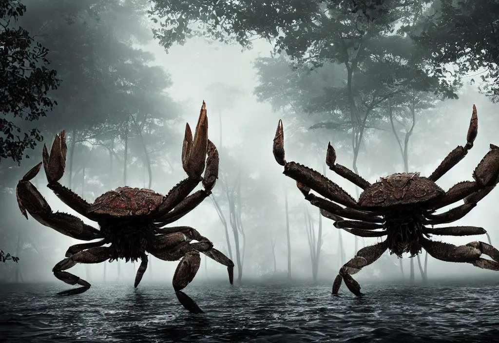 Image similar to an enormous giant crab king, in a jungle with ominous light from above, ambient light, fog, river, very poetic