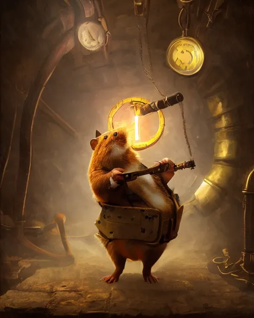 Image similar to oil painting of anthropomorphized hamster holding drill, steampunk clothes, close shot, full body, dark steampunk mine shaft background, sharp focus, fantasy style, octane render, volumetric lighting, 8k high definition, by greg rutkowski, highly detailed, trending on art Station, dungeons and dragons artwork, centered