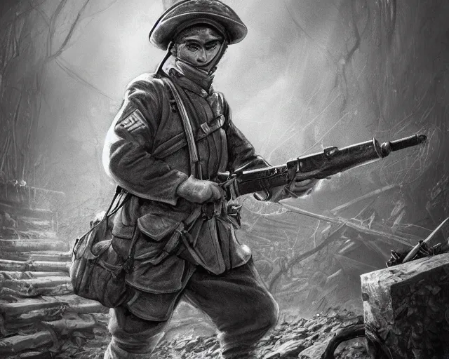 Image similar to A cat as a soldier in a world war 1 trench, close-up, black and white, amazing digital art, hyper detailed, artstation, in the style of Tony Sart