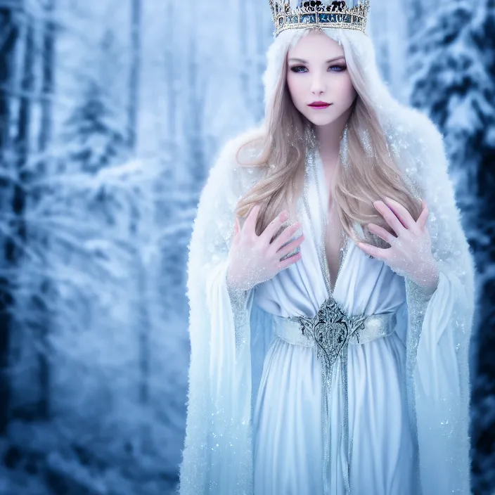 Image similar to photograph of a real-life beautiful ice queen with ornate robe and crown in an ethereal snowy landscape. Extremely detailed. 8k