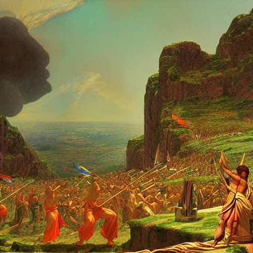 Prompt: Distant shot of the battle of Cannae 216 BCE, digital art, in the style of Franklin Booth, Thomas Cole