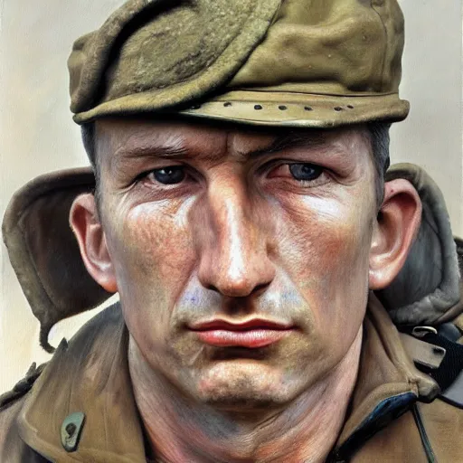 Prompt: high quality high detail painting by lucian freud, hd, american soldier, photorealistic lighting