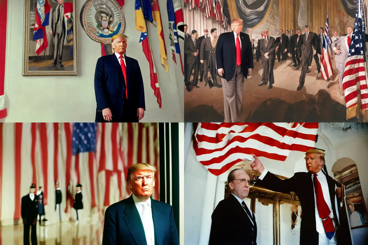 Prompt: color portrait photograph close up of Donald Trump wearing suit designed by Karl Diebitsch inside a large room designed by architect Marcello Piacentini, in the background large american flag banners and men standing wearing Schutzstaffel clothing, off-camera flash, canon 24mm f11 aperture, Ektachrome color photograph