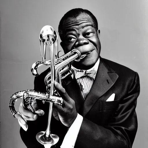 Prompt: louis armstrong holding a big hairy spider to his lips like a trumpet