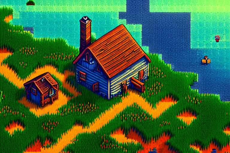 Image similar to view of a cottage above an azure lake, beautiful detailed art by albertov in the style of stardew valley, intricate details, beautiful, dithered, gradients, volumetric lighting, cgsociety, artstation, 2 d