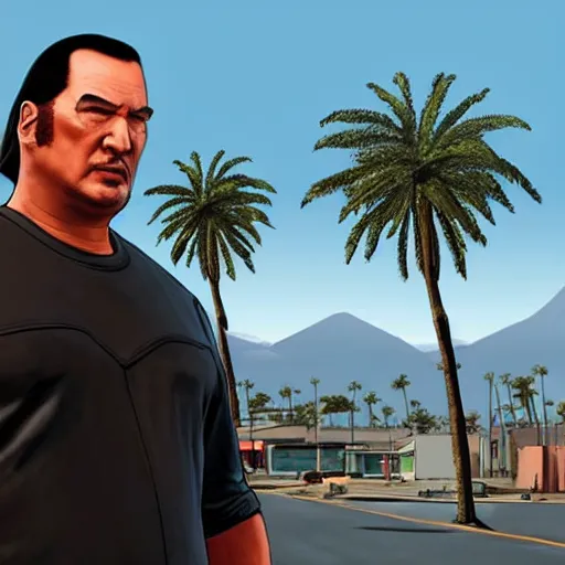 Image similar to Steven Seagal in GTA V . Los Santos in background, palm trees. in the art style of Stephen Bliss