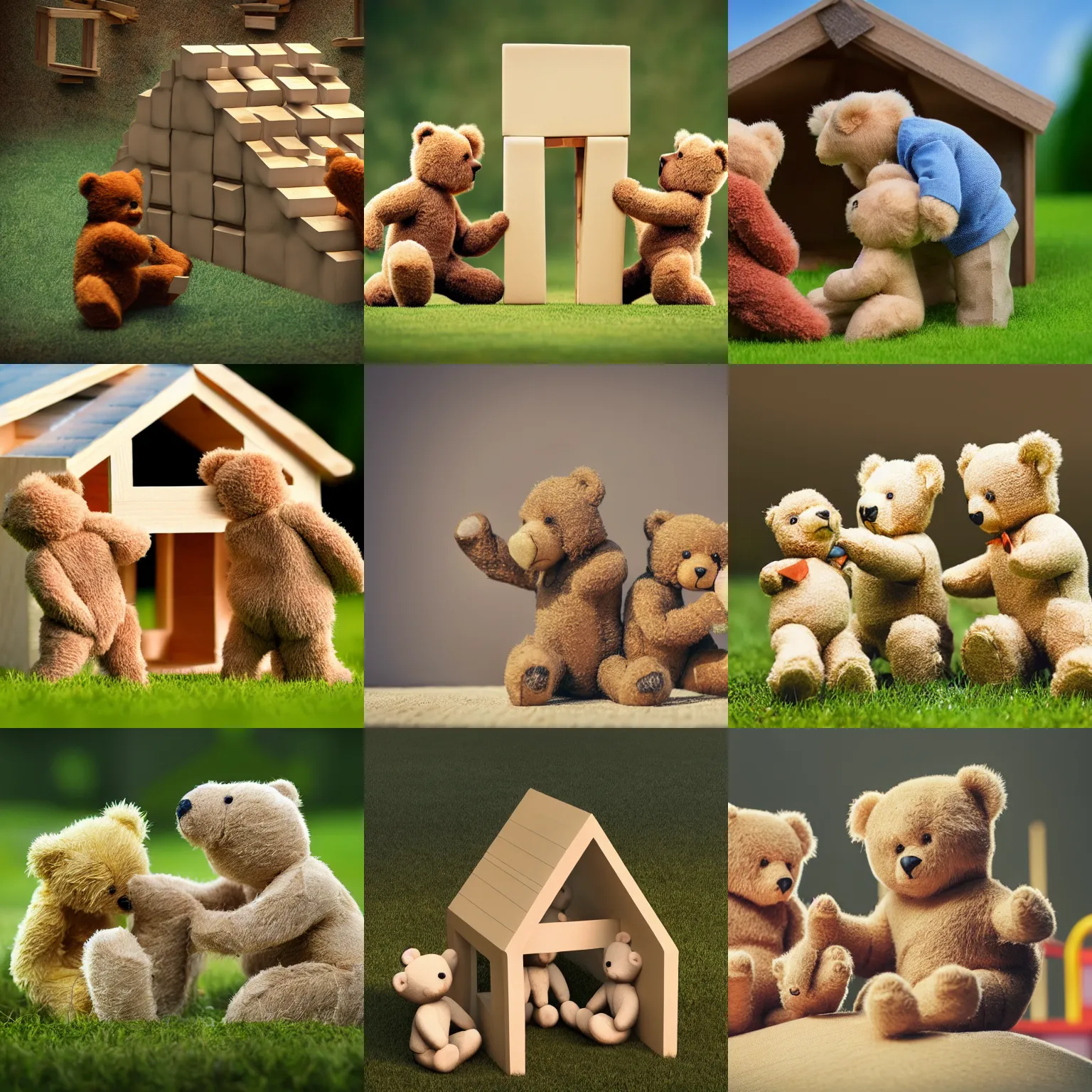Prompt: teddy bears building a house. photorealistic, 8 k, award winning photography