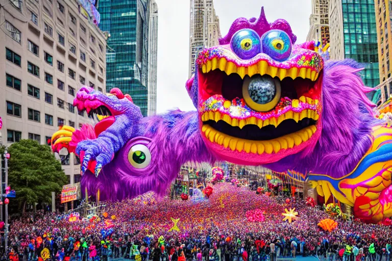 Prompt: photo of giant beautiful elaborate parade float monster designed by lisa frank and geof darrow, in the macys parade, detailed 4 k photo, gigapixel, hyperdetailed