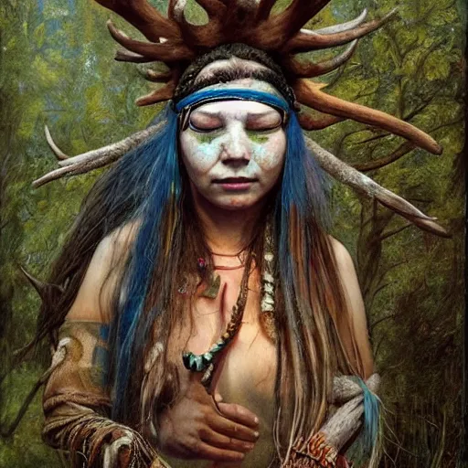 Image similar to A young female shaman blindfolded with a decorated headband like heilung, blue hair and antlers on her head, made by Esao Andrews and Karol Bak and Zdzislaw Beksinski