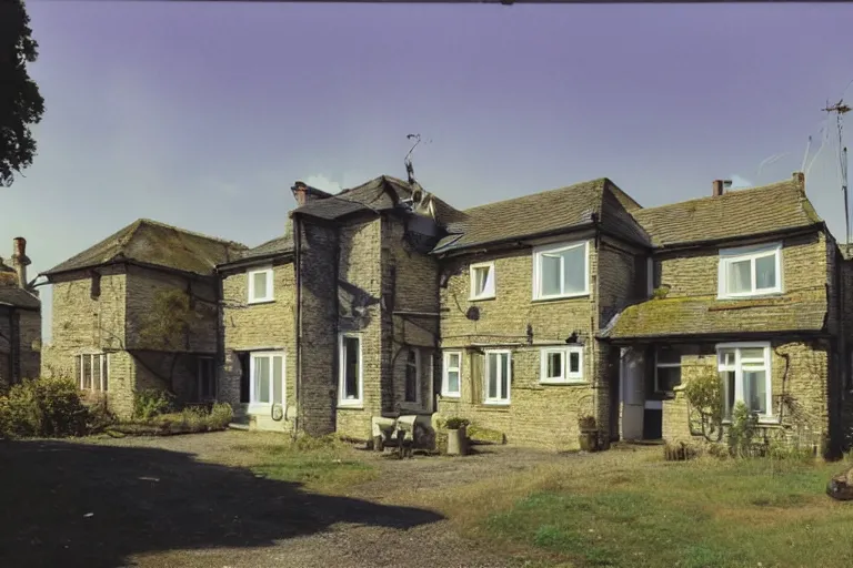 Image similar to cyberpunk, an estate agent listing external photo of a 5 bedroom detached house in the countryside, robots, sunny day, clear skies, by Paul Lehr, highly detailed, photorealistic, 8k, anamorphic, cinestill cinematrography