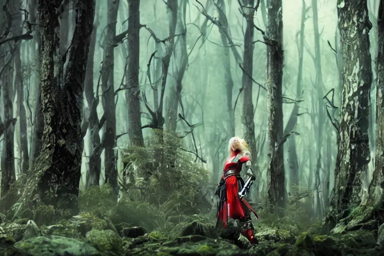 Image similar to vfx movie scene closeup futuristic nomad cyborg warrior viking geisha in a smoldering forest. by emmanuel lubezki