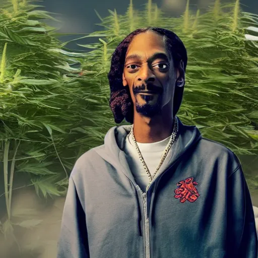 Prompt: A photo of Snoop Dogg standing on a fishing boat with cannabis plants in the background, 4k, hd, medium shot, highly detailed, cinematic