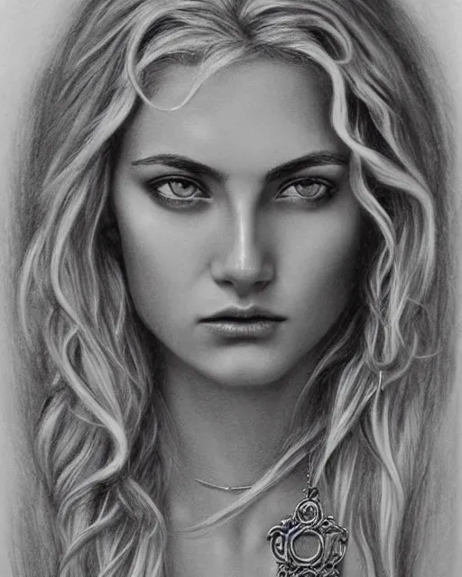 Image similar to pencil drawing of a beautiful greek goddess aphrodite with arrowhead jewelry, beautiful piercing eyes, beautiful blonde hair, hyper realistic face, in the style of greg rutkowski, fantasy, amazing detail, epic, elegant, smooth, sharp focus, from the front