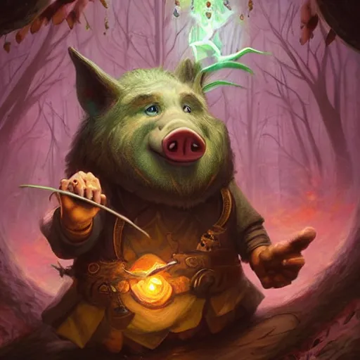 Prompt: anthropomorphic druidic pig casting a spell, DnD character art portrait, matte fantasy painting, DeviantArt Artstation, by Jason Felix by Steve Argyle by Tyler Jacobson by Peter Mohrbacher, cinematic lighting