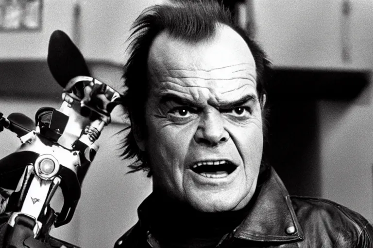 Prompt: Jack Nicholson plays Pikachu Terminator, scene where he rides motorbike