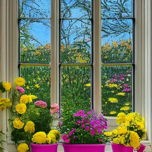 Prompt: “A painting of a pretty garden with yellow flowers in pots on a bench, a basket of flowers on the ground, a vase with more flowers, and in the centre, there's a window. On the sill is another planter with flowers and above the window is a spectacular array of hanging plants. In front of the window, propped up against the sill is an old pushbike”