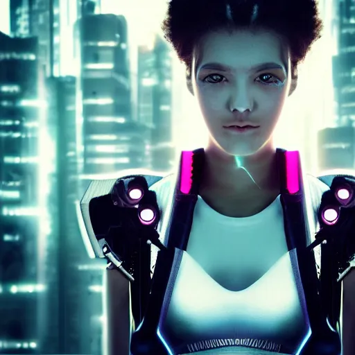 Image similar to a portrait photo of a beautiful young cyberpunk girl in a futuristic cyberpunk city, very sharp and detailed image, award winning