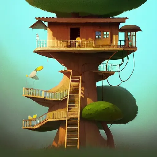 Image similar to Goro Fujita ilustration A tree house with an elevator outside, painting by Goro Fujita, sharp focus, highly detailed, ArtStation