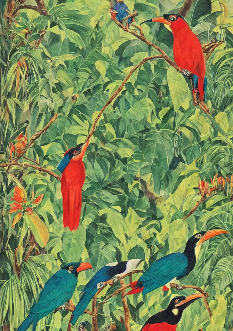 Image similar to 1930s travel poster painting, costa rica rainforest, illustrating plant and animal diversity, with colourful birds, motmot, trogon, toucan, sloth, ctenosaur, bromeliads, syngonium, philodendron