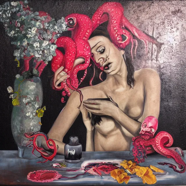 Image similar to empty room with black walls, sensual portrait of a female pathologist, broken vase of flowers and water, octopus, squashed berries, neo - expressionism, surrealism, acrylic and spray paint and oilstick on canvas