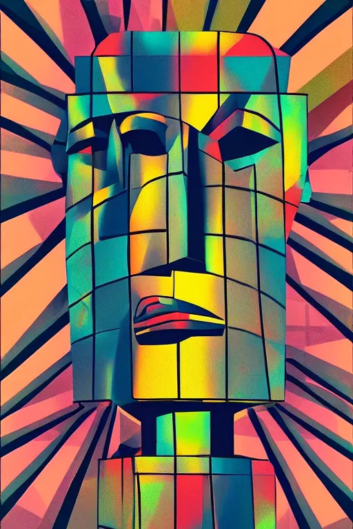 Image similar to cubist moai statue cutout digital illustration cartoon colorful beeple