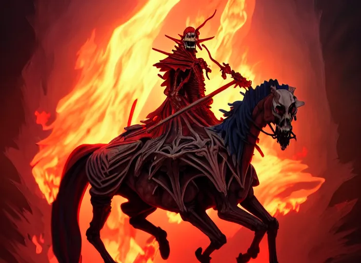 Prompt: ainz ooal gown leading the undead army to battle riding a flaming skeleton horse, highly detailed, deep focus, elegant, artstation, digital painting, smooth, sharp focus, illustration, ultra realistic, 8 k, art by artgerm and greg rutkowski and alphonse mucha