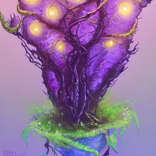 Prompt: a painting of a plant with a purple light in it, an illustration of by john blanche, featured on deviantart, fantasy art, photoillustration, digital illustration, official art