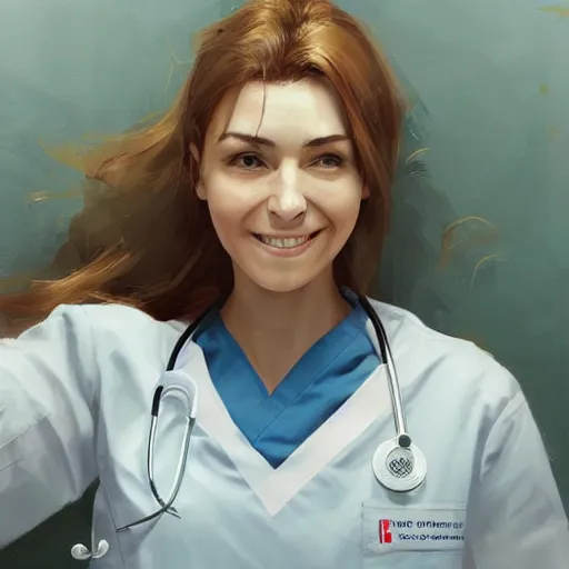 Prompt: a very beautiful female doctor in scrubs, looking at her phone, smiling, close up, laying on bed, hospital room, by greg rutkowski, trending on artstation