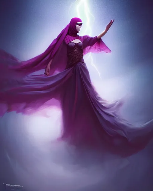 Image similar to beautiful arab woman in niqab, floating in mid - air, long flowing fabric, haunting, dancer, flowers, rain, lightning, storm, digital painting, illustration by raymond swanland and artgerm and mina petrovic and timothy kong and marina federovna, volumetric lighting, artstation