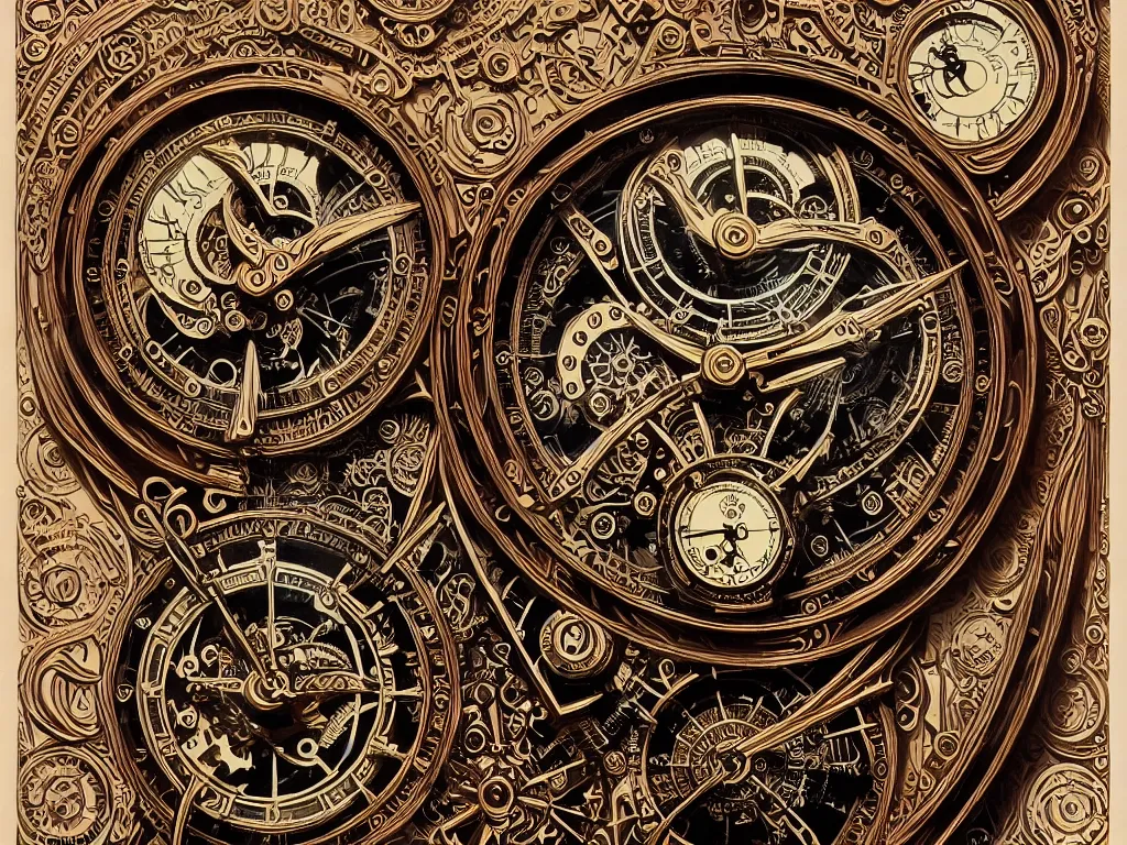 Image similar to ornate steampunk grandfather clock, high details, intricately detailed, by vincent di fate, inking, lineart, 3 color screen print, masterpiece, trending on artstation,, sharp, details, hyper - detailed, hd, 4 k, 8 k