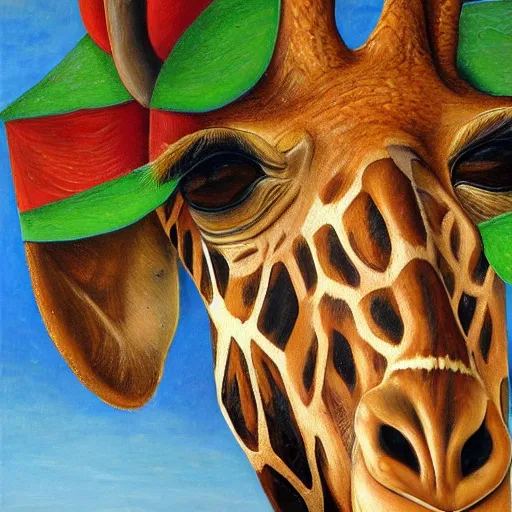 Image similar to an oil painting of a giraffe painted by arcimboldo