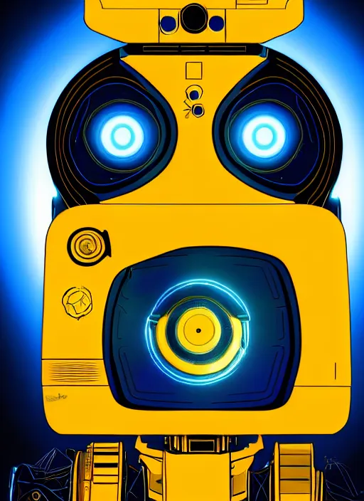 Image similar to symmetry!! portrait of wall - e, sci - fi, tech wear, blue and yellow glowing lights!! intricate, elegant, highly detailed, digital painting, artstation, concept art, smooth, sharp focus, illustration