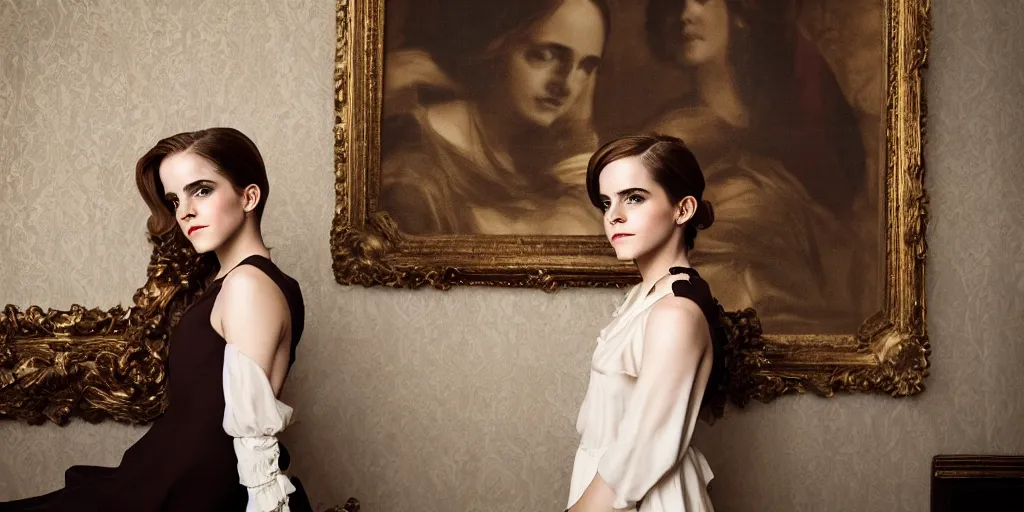 Image similar to Emma Watson portrait baroque room cinematic lighting canon 5d mk4