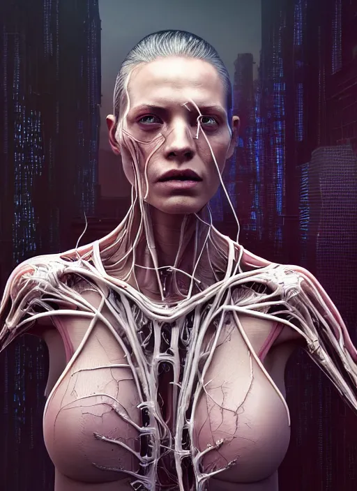 Image similar to 3 / 4 portrait, transparent skin, muscle, bones, veins, nerves, retro clothing, hyperrealism, detailed, photorealistic, cyberpunk apocalyptic city, futuristic, ultra realistic, cinematic, intricate, cinematic light, unreal engine 8 k, octane render, unreal engine by charlie bowater, david kostic, stanley lau, artgerm