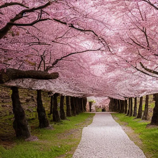 Image similar to stone path through a cherry blossom filled valley leading to a monastery