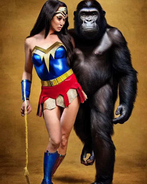 Image similar to Full body photos of a beautiful Chimpanzee dressed as Wonder Woman posing with Gorilla Grodd. Hyperreal, Trending on Artstation photography in the style of Annie Leibovitz