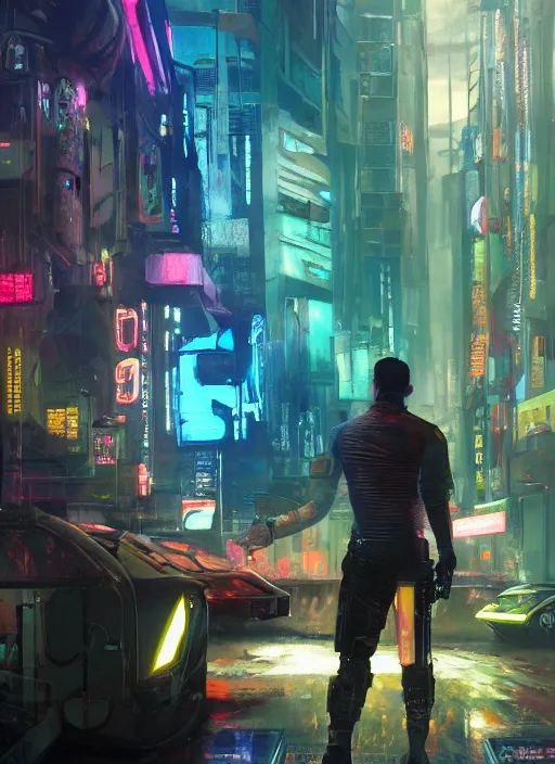 Image similar to cyberpunk combat sports. the 2 0 7 8 champion. blade runner 2 0 4 9 concept painting. epic painting by james gurney, azamat khairov, and alphonso mucha. artstationhq. painting with vivid color. ( rb 6 s, cyberpunk 2 0 7 7 )
