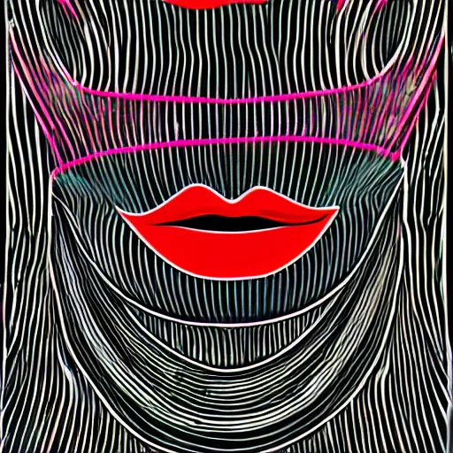 Prompt: illustration of juicy red lips with colorful vivid neon stripes, on the black background,