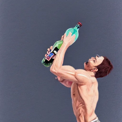 Image similar to artistic rendition of a man jumping in the while holding a bottle, trending on Artstation