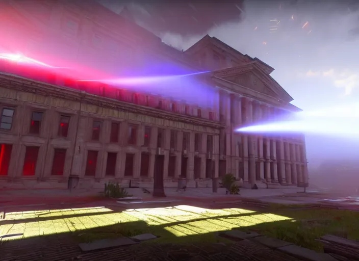 Image similar to ancient european court building with red shafts of light in destiny 2, foggy, liminal, dark, dystopian, beautiful architecture, abandoned, highly detailed 4 k 6 0 fps in - game destiny 2 gameplay screenshot leak