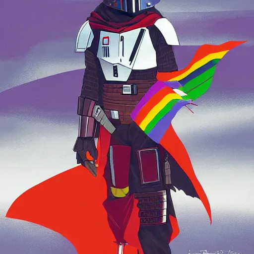 Image similar to the mandalorian wearing a pride cape in a pride parade by ilya kuvshinov katsuhiro otomo