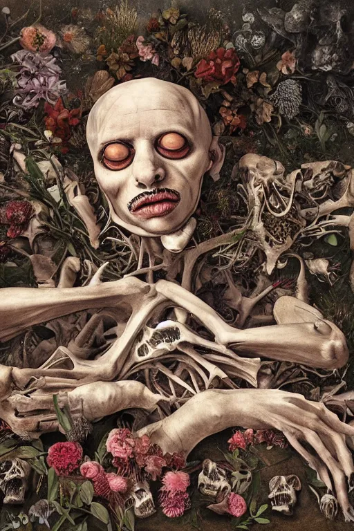 Prompt: a man lying down in bed of bones of flowers, he is sad and has large eyes and lips, very fleshy body, anatomical, HD Mixed media, highly detailed and intricate, surreal illustration in the style of Caravaggio, baroque dark art