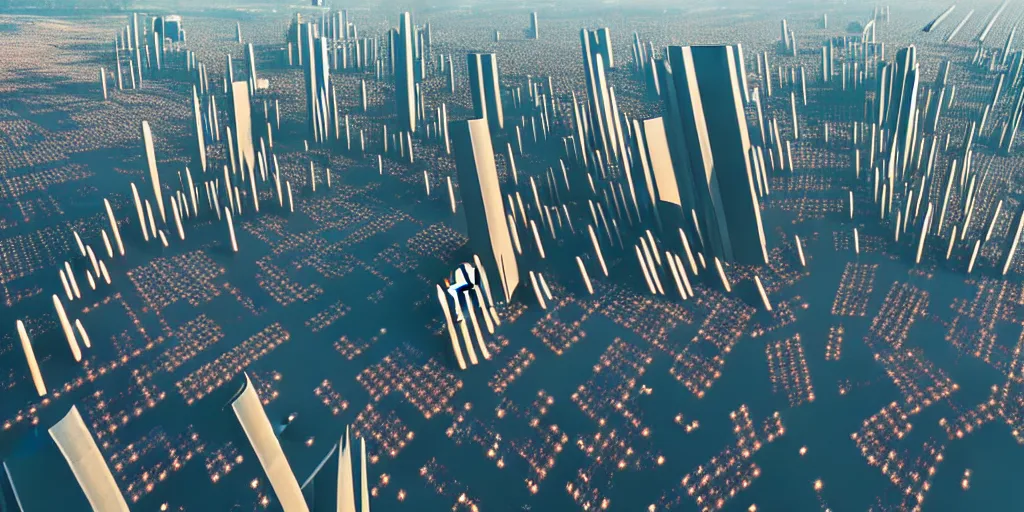 Image similar to areal view of mechanical futuristic utopian brutalist city