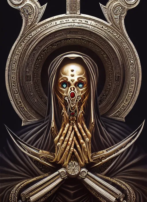 Image similar to hyper detailed ultra sharp orthodox saint icon, biomechanical halo, unholy man, trending on artstation, byzantine aesthetic, elden ring, religious, decadent, ornate, intricate, digital painting, concept art, smooth, sharp focus, illustration, art by artgerm and greg rutkowski and h. r. giger, 8 k