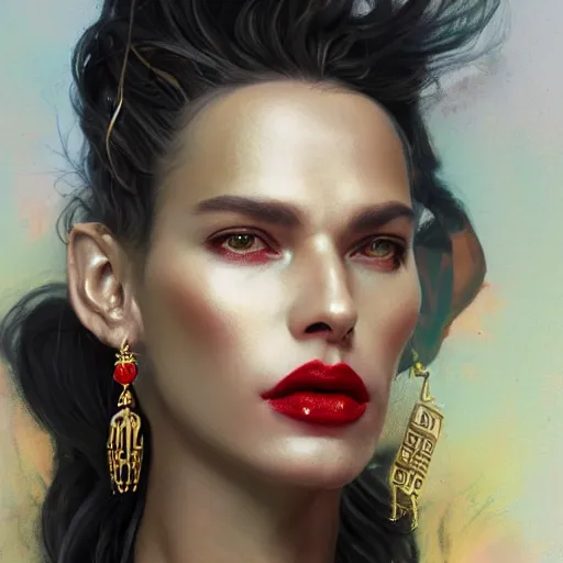 Image similar to detailed oil portrait of tall muscular shining bronze - skinned warrior woman with silver eyes, with long wavy flowing black hair and big gold earrings, jewelry, red lipstick, makeup, feminine, volumetric lighting, dynamic composition, art by sachin teng and sergey kolesov and ruan jia and heng z, scifi, concept art