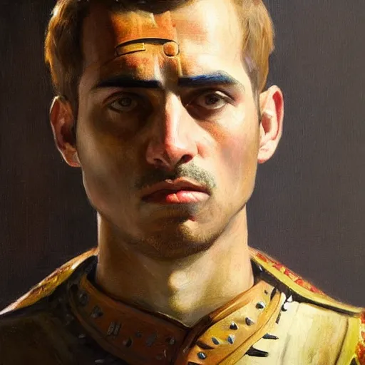 Prompt: a stunning and noble highly detailed portrait of a syrian warrior by josep tapiro baro and edward hopper, trending on artstation, oil painting masterpiece, symmetry, mysterious, very very very aesthetic