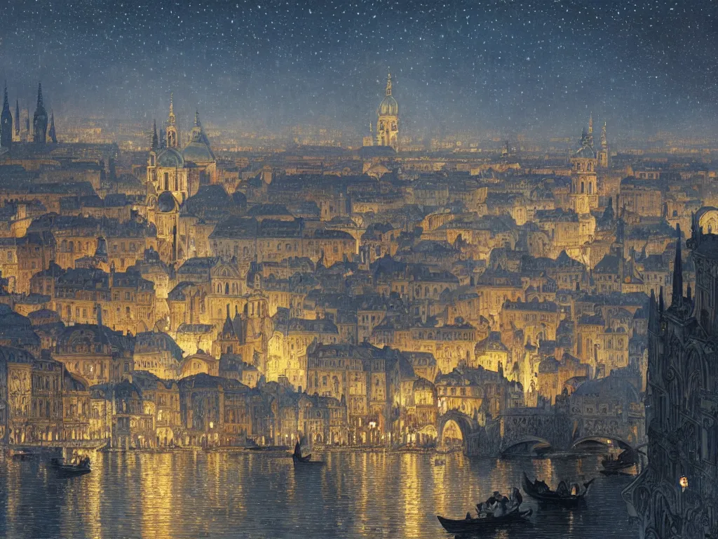 Prompt: a view from the river of a city resembling prague, paris, and venice at night with the sky full of stars, intricate, elegant, highly detailed, digital painting, artstation, concept art, smooth, sharp focus, colored illustration for tattoo, art by krenz cushart and artem demura and alphonse mucha,