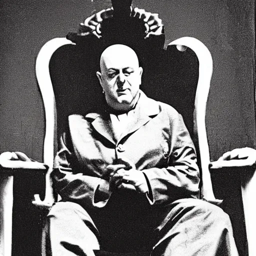 Prompt: aleister crowley on a golden throne