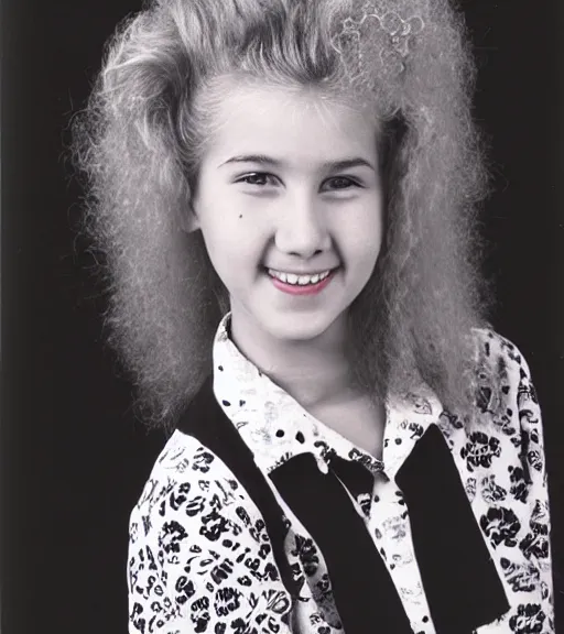 Prompt: 1 9 8 0 s highschool girl with big blonde hair, a black and white patterned shirt, magenta hair clip, yearbook photo