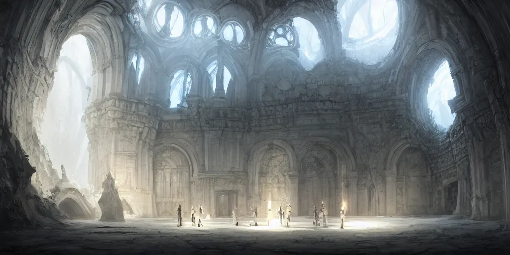 Prompt: Underground White Cathedral City hidden inside a round spacious cavern, lush greenery, tall white church in the center of the city, buildings made of white stone, baroque architecture. In style of Hyung-tae Kim, Greg Rutkowski and Larry Elmore, concept art, trending on ArtStation, Korean MMORPG, over-detailed art, 8K, epic, dynamic lightning, scenery, birdview.